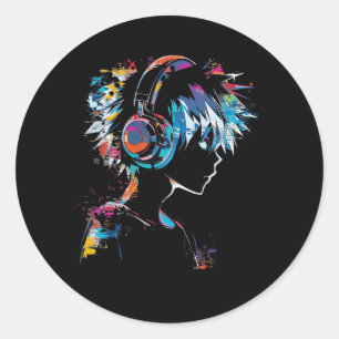 Anime Manga Motief Hoofdtelefoon Illustratie Anime Ronde Sticker