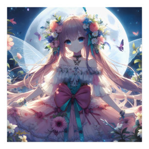 Anime Meisje Bloem Maan Fee Foto Afdruk