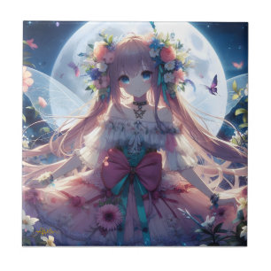 Anime Meisje Bloem Maan Fee Tegeltje