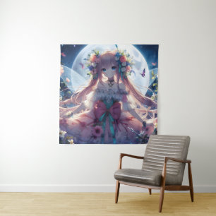 Anime Meisje Bloem Maan Fee Wandkleed
