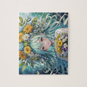 Anime meisje bloemen legpuzzel