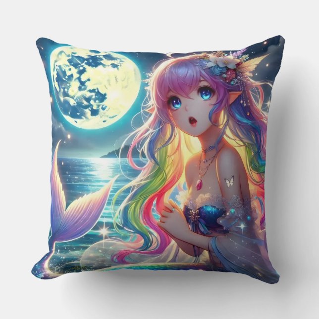 Anime Meisje dat onder het maanlicht zingt Pixie R Kussen (Voorkant)