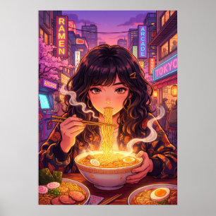 Anime meisje dat ramen eet op een Tokio neon stads Poster