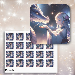 Anime Meisje en Haar Draak Mystiek Vierkante Sticker