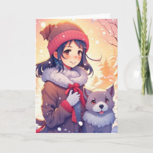 Anime meisje en hond met Kerstachtergrond Kaart