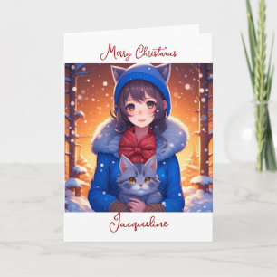 Anime Meisje en Kittens Kleurplaat Kerstmis Kaart