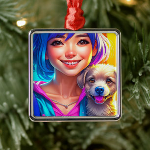 Anime meisje en puppy hond metalen ornament