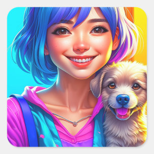 Anime Meisje en Puppy Hond Vierkante Sticker