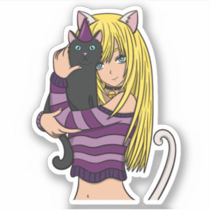 Anime Meisje en Schattigee Kat Sticker