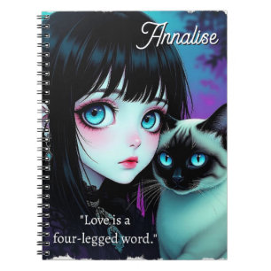 Anime Meisje en Siamese Kat Citaat Gepersonaliseer Notitieboek