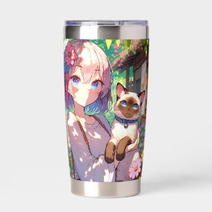 Anime Meisje en Siamese Kat Gepersonaliseerd Geïsoleerde Drinkbeker