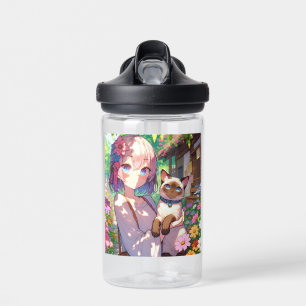 Anime Meisje en Siamese Kat Gepersonaliseerd Waterfles