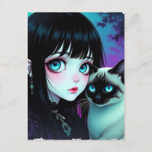 Anime Meisje en Siamese Kat   Hoi zeggen Briefkaart