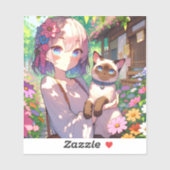 Anime Meisje en Siamese Kat Sticker (Vel)