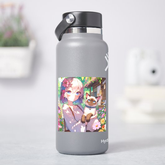 Anime Meisje en Siamese Kat Sticker (HydroFlask)