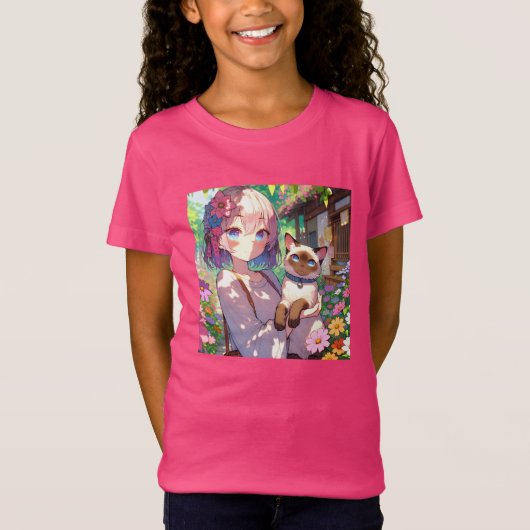Anime Meisje en Siamese Kat T-shirt (Voorkant)