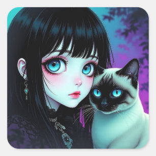 Anime Meisje en Siamese Kat Vierkante Sticker