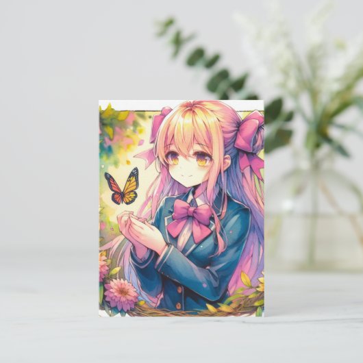 Anime Meisje en Vlinder in contact blijven Briefkaart (Staand voorkant)