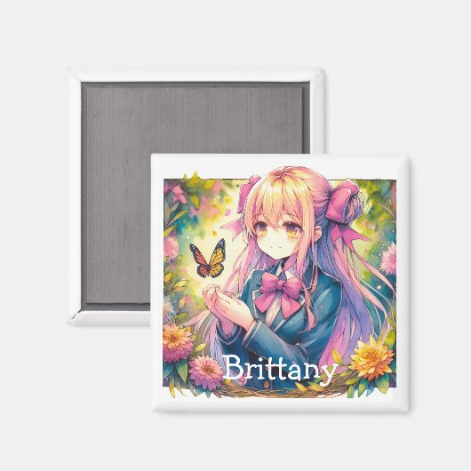 Anime Meisje en Vlinder Waterverf Ai Art Magneet (Voorkant / Achterkant)