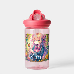 Anime Meisje en Vlinder Waterverf Gepersonaliseerd Waterfles