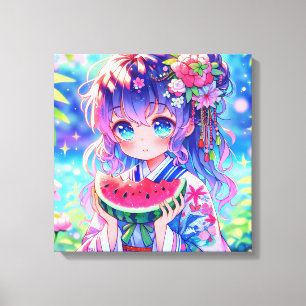  anime meisje eten watermeloen canvas afdruk