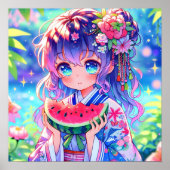 anime meisje eten watermeloen poster (Voorkant)