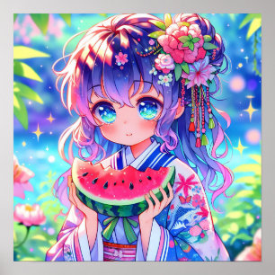  anime meisje eten watermeloen poster