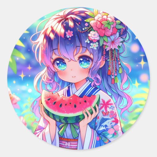 anime meisje eten watermeloen ronde sticker (Voorkant)