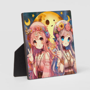 Anime meisje hippie maan meisjes die vrede teken g fotoplaat