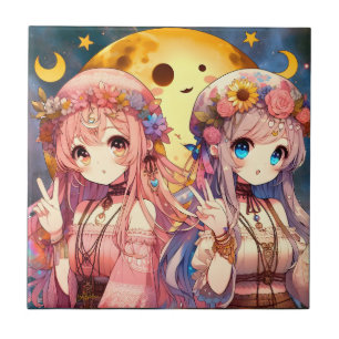 Anime meisje hippie maan meisjes die vrede teken g tegeltje