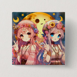 Anime meisje hippie maan meisjes die vrede teken g vierkante button 5,1 cm
