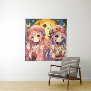 Anime meisje hippie maan meisjes die vrede teken g wandkleed