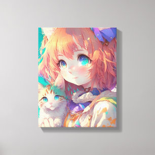Anime Meisje Holding Een Schattige Kitten Canvas Afdruk