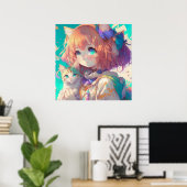 Anime Meisje Holding Een Schattige Kitten Poster (Thuiskantoor)