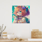 Anime Meisje Holding Een Schattige Kitten Poster (Keuken)