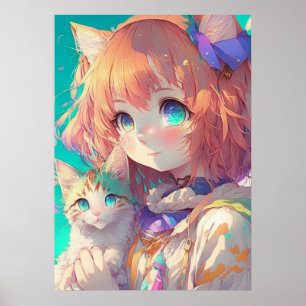 Anime Meisje Holding Een Schattige Kitten Poster