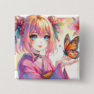 Anime Meisje Holding Een Vlinder Ai Art Vierkante Button 5,1 Cm