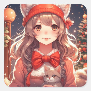 Anime Meisje Holding Kitten Kerstmis Vierkante Sticker