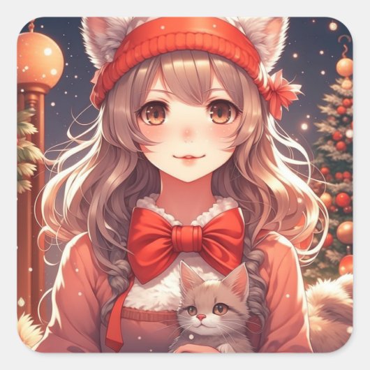 Anime Meisje Holding Kitten Kerstmis Vierkante Sticker (Voorkant)