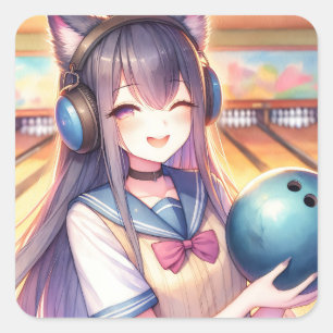 anime meisje in bowling verjaardagsfeestje vierkante sticker