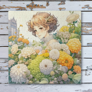 Anime meisje in gele bloemen legpuzzel