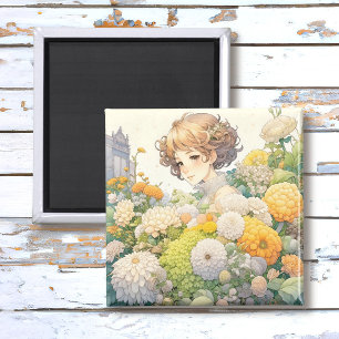 Anime meisje in gele bloemen magneet