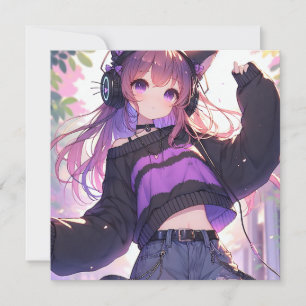 Anime Meisje in Hoofdtelefoon met Kattenoren