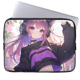  Anime Meisje in Hoofdtelefoon met Kattenoren Laptop Sleeve