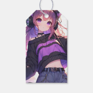 Anime Meisje in Hoofdtelefoon Verjaardag Cadeaulabel