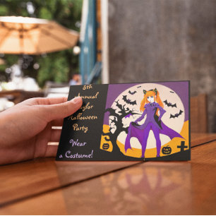 Anime Meisje in Kat Kostuum Halloween Feest Uitnod Briefkaart