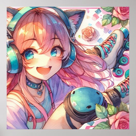  Anime Meisje in Roller schaatsen Poster (Voorkant)