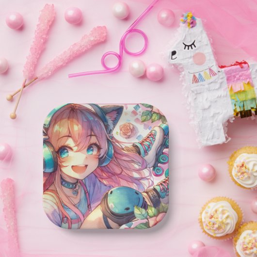  Anime Meisje in Roller schaatsen Verjaardagsfeest Papieren Bordje (Feest)