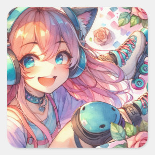 Anime Meisje in Roller schaatsen Verjaardagsfeest Vierkante Sticker