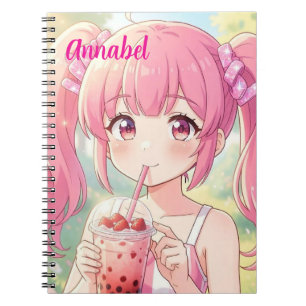 Anime meisje in roze drinkt bubbelthee Personalise Notitieboek